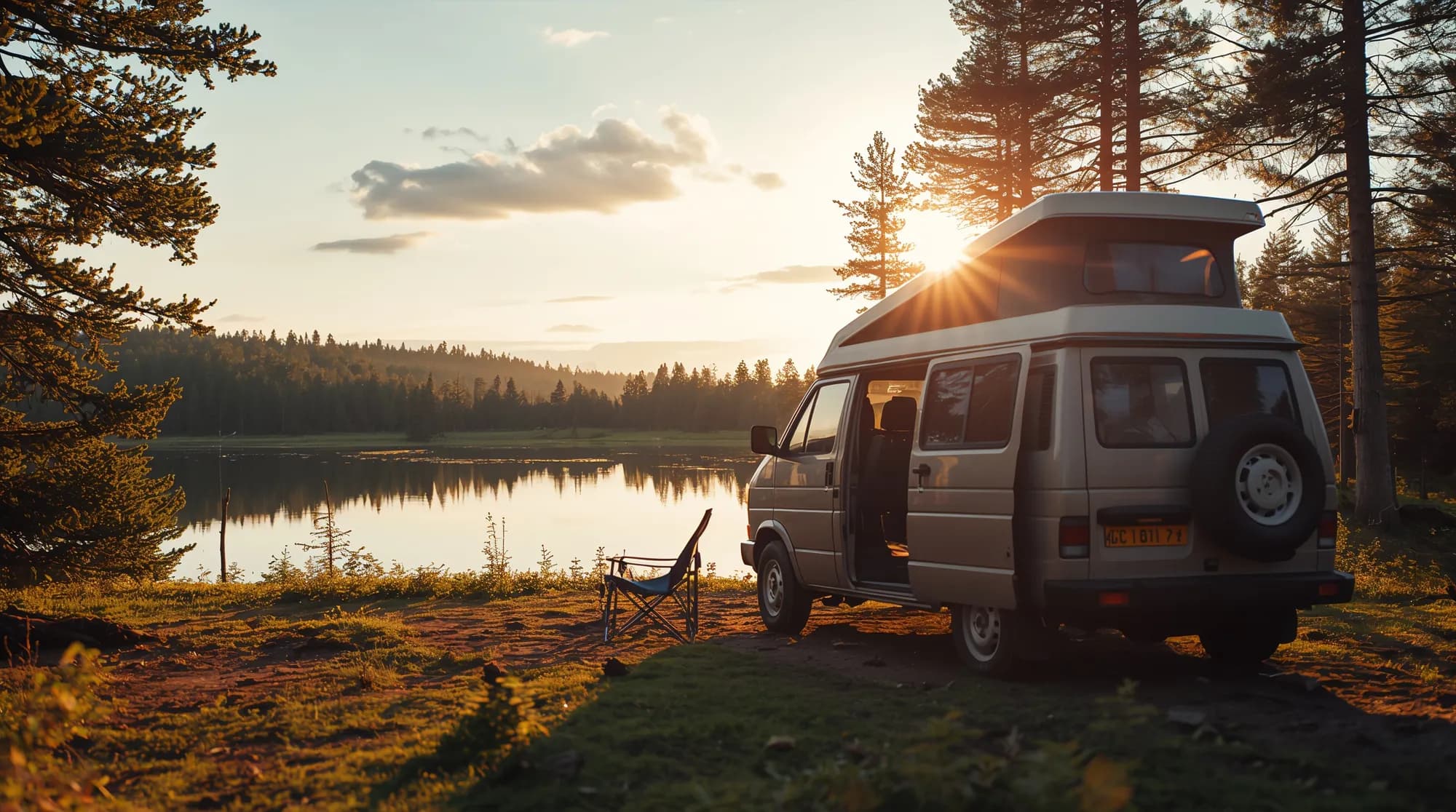 A camper in a parking lot by a lake in a pine forest at sunset
